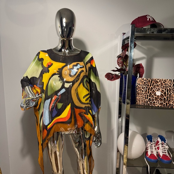 Cocoon House Tops - Handmade 100% silk so chic abstract print silk chiffon L/XL women blouse